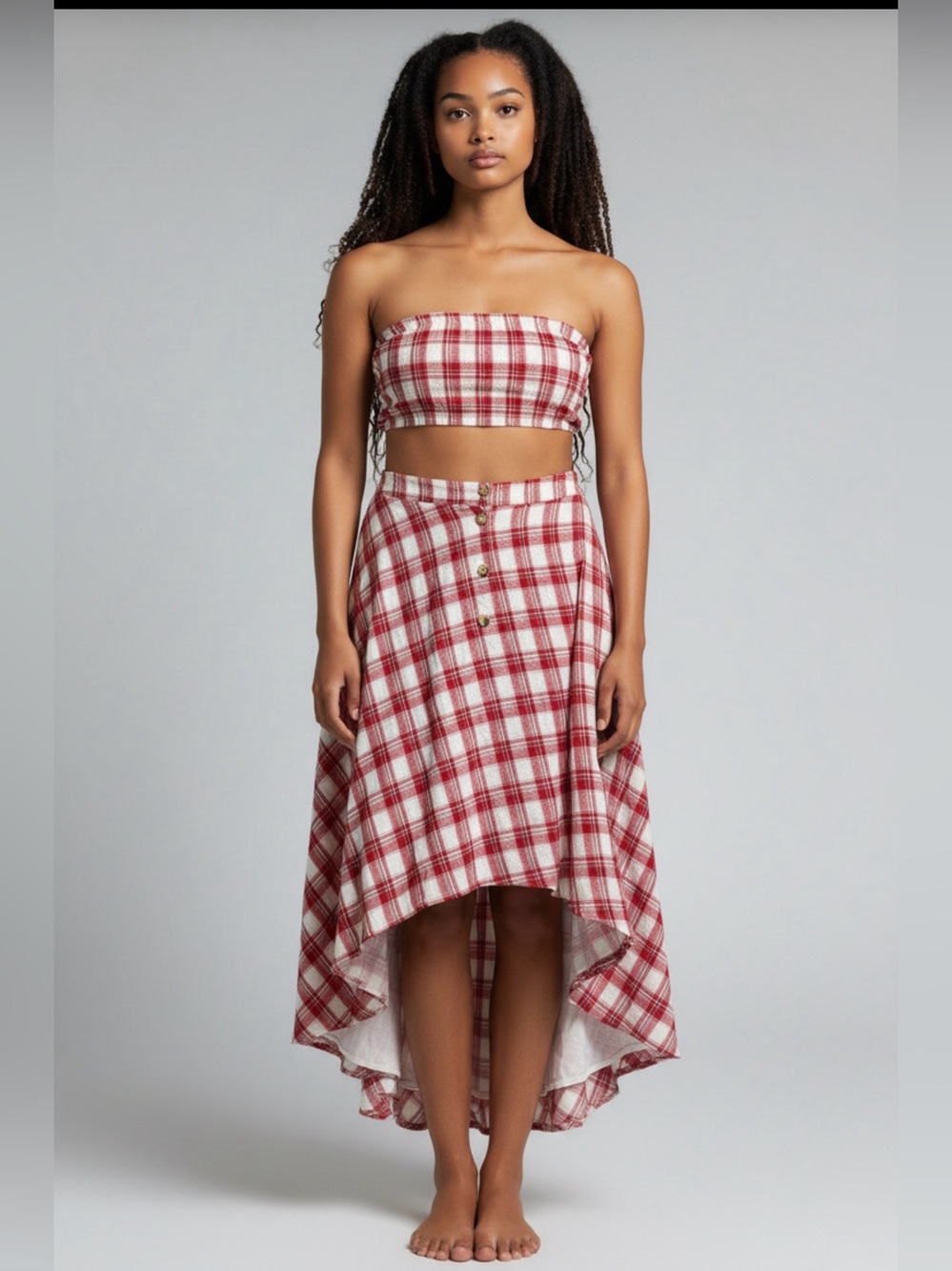 After You Set Free People, a strapless crop top and matching asymmetric skirt